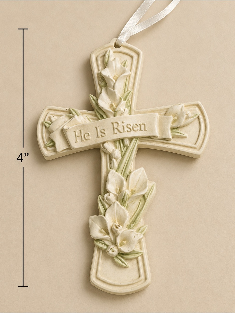 Ceramic 'He Is Risen' Cross Ornament with Calla Lily Relief
